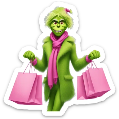 stylish grinch shopping with pink shopping bags sticker
