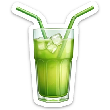 Glass of fresh sugarcane juice with ice cubes, light green liquid, a straw, refreshing beverage sticker
