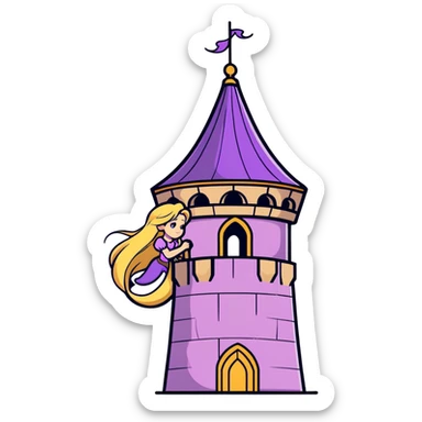 Rapunzel letting down her hair from a tower sticker