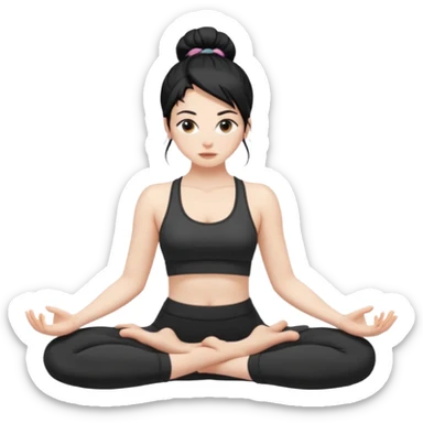 white girl with black long hair in a messy bun doing yoga sticker