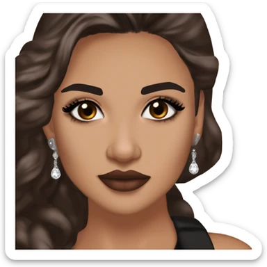 Maddy Perez euphoria show: warm brown eyes, bold black eyeliner, dark arched brows, full nude-berry lips, bronzed skin, high cheekbones, sleek dark brown long hair in waves/ponytail, rhinestones on her face

 sticker