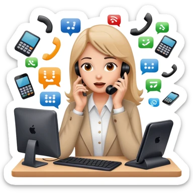 busy girl with a lot of phone calls and work, computer sticker