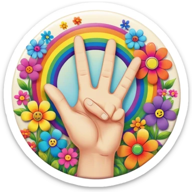 A round psychedelic colored button with a hand making the peace sign in the center surrounded by rainbow colored hippie style flowers sticker