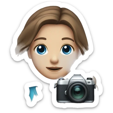 girl with long brown hair and blue eyes holding camera sticker