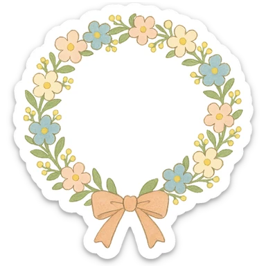 a floral wreath made of small pastel flowers with a gentle bow, Japanese hand-drawn, full object, transparent background sticker