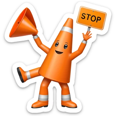 orange traffic cone with legs dancing with sign in his hand saying “stop using ai” sticker