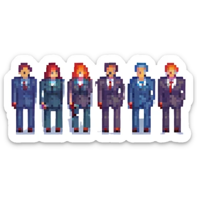 Convert this group photo of seven people in suits into pixel art style, keeping the group pose and formal attire recognizable. Maintain the pixel art aesthetic with clear, blocky pixels and simplified colors, preserving the formal group pose and suits. sticker
