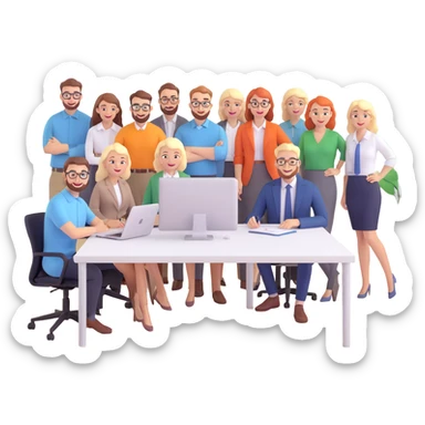 Three happy white male designers and six happy white female designers, all working together in a modern office environment sticker