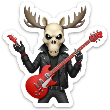 A evil moose headed man with a red electric guitar. The guitar should be pointing directly in the air. And the moose man should look evil and intimidating. match the style of your bleeding skull art , it needs to be much "less cartoonist looking". sticker