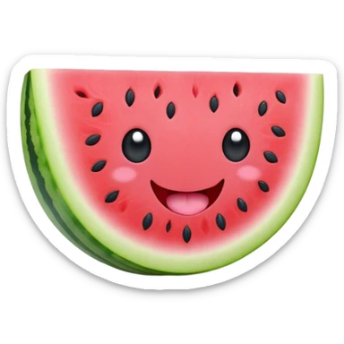 Cute Kawaii Watermelon Slice, juicy and vibrant, soft pastel green rind with pink flesh, tiny black seeds shaped like hearts, an adorable happy face with cute round eyes, bursting with summer energy! sticker