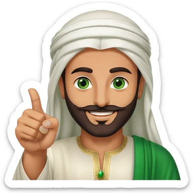 "Tanned Arab Saudi man with green eyes and a beard, wearing an agal and traditional attire, smiling happily and giving a big thumbs-u sticker