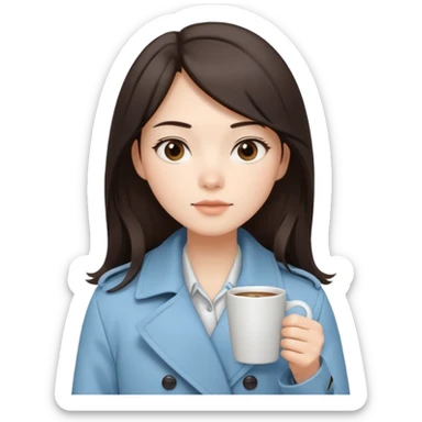 Mei – Cewe Kalem Kulit putih halus, rambut coklat gelap panjang lurus rapi, belah samping. Pakai trench biru muda sambil cangkir kopi, ekspresi tenang sticker
