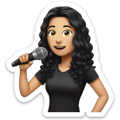 Caucasian woman with long black hair and pink highlights, with a microphone singing, wearing a black t-shirt sticker