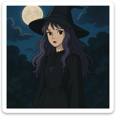 gothic woman with purple hair, witchy touch, standing in moonlight, ghibli style sticker