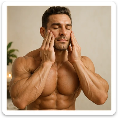 bodybuilder doing face massages to keep skin toned, hyper realistic style, sculpted muscles, relaxed expression, text 'Massaggi per la pelle', spa atmosphere, light background sticker