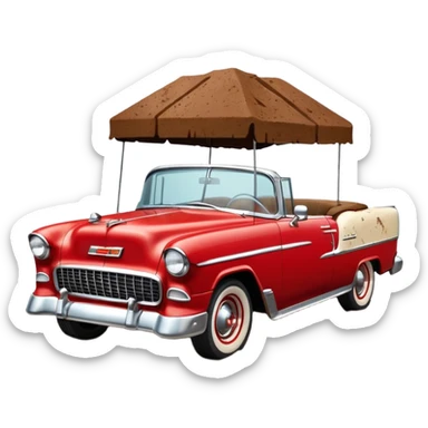 1955 Chevrolet Bel Air Convertible, Red-White color, with a bucket of brown mud pouring down on it, and the car itself is covered in brown mud on the sides that has stuck. 32x32 pixels, aspect ratio: 1:1 sticker