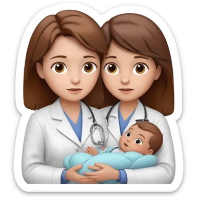 Show a nurse in a white coat, attending to a baby, with a light expression and soft detail typical of modern emojis. The scene should have a clean look, with subtle shadows and soft contours, brown hair, maintaining the 3D cartoon style used in iOS emojis.  sticker