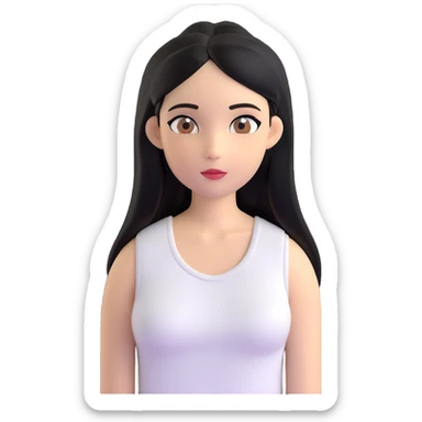Female with straight long black hair parted in middle, beige skin, big brown eyes, natural makeup, white sleeveless top sticker