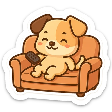a cartoon dog with a remote, lounging on a sofa, fun and friendly style, cute and playful sticker