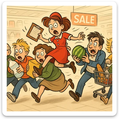 a comical scene where a crowd of supermarket shoppers runs from left to right, carrying off the salesgirl in a chaotic and exaggerated manner sticker
