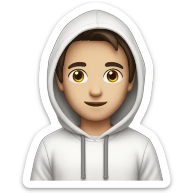 Boy with semi-long semi-dark brown hair with a white hoodie and black eyes sticker