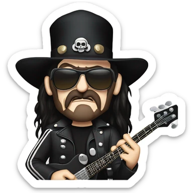 Lemmy Killmister from Motorhead with mutton chops holding Rickenbacker bass sticker