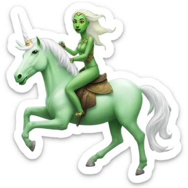 a green amazon alien woman on a white unicorn sticker