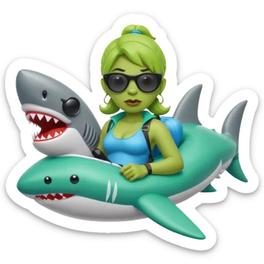 orc female sitting in an inflatable floatie shaped like a shark, wearing oversized sunglasses and a whistle on a neck cord sticker