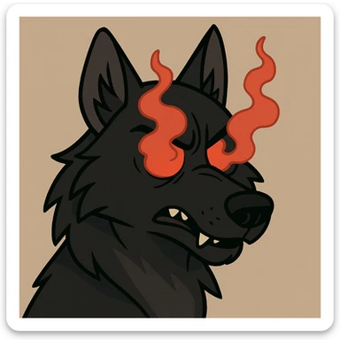 a black wolf head with red smoke eyes, modern cartoon style sticker