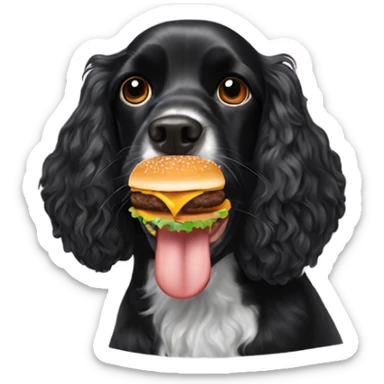 Black cocker spaniel eating a cheeseburger sticker