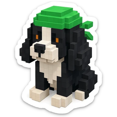 A black and white Russian Cocker Spaniel puppy wearing a green durag, voxel style, sitting sticker