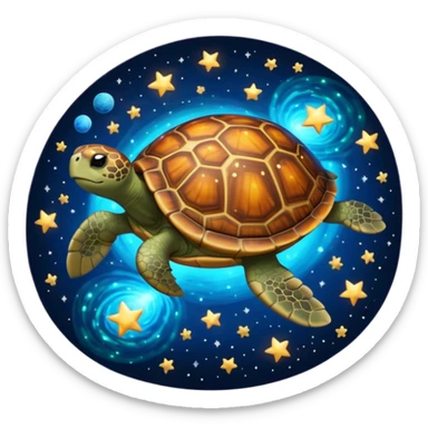 Quasar Turtle emoji – full body, large turtle with a smooth glowing shell shaped like a cosmic quasar, simple light effect in the center of the shell, stars in the shell, no patterns, no aura, slight side angle, no background
 sticker