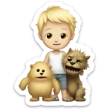 Little blonde baby boy holding the hand a giant furry monster sticker