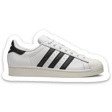 Adidas Superstar sneaker, white with black stripes, side view, minimal background sticker