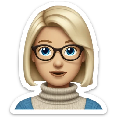 White girl wearing turtleneck with blue eyes, brown bob ends curled, and glasses sticker
