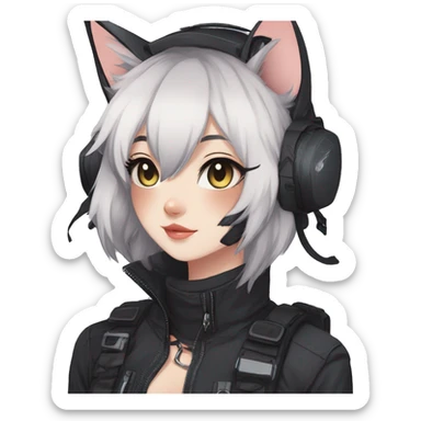 Gorgeous dark techwear anime style anthro cat with blushing face aesthetic and pretty edgy black with collar and harness trending style sticker
