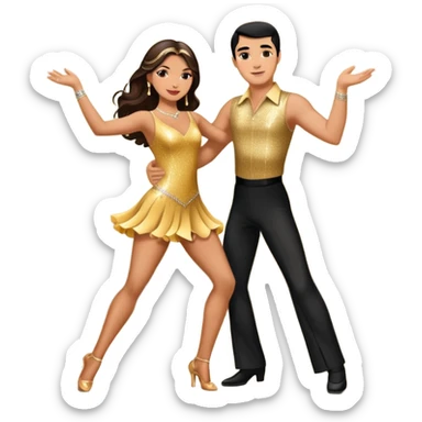 Photorealistic dancesport professional latin couple dancing the samba at the competition dancefloor, the women is in skinny sparkly dress, , the women has brown long hair, the man has short black hair, the man hold woman's hand by his one hand and his second hand is on the women's waist  sticker
