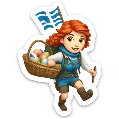 red hair female winter mountaineer climbing with Easter eggsbasket and Greek flag sticker