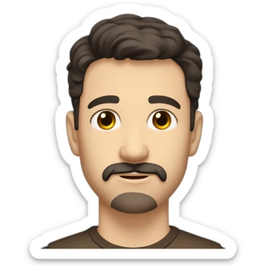 A young Caucasian man with dark brown, almond-shaped eyes, short dark brown hair, and a small dark brown beard with a more prominent mustache. sticker