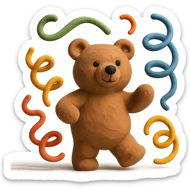 bear with swirly streamers around in claymation style sticker