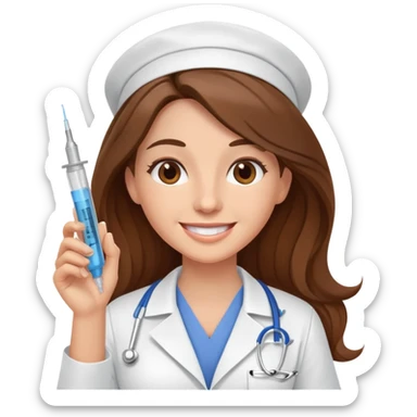 Enfermera feliz con pelo largo cafe y una inyeccion sticker