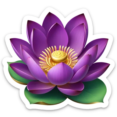 Elegant purple lotus flower with rich violet petals and golden center, accompanied by botanically accurate lotus leaf with distinctive notch and upturned edges sticker