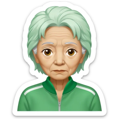 Hong is an old woman, around 60 years old, green tracksuit.  Her white tie hair, is unkempt and damp with sweat. sticker