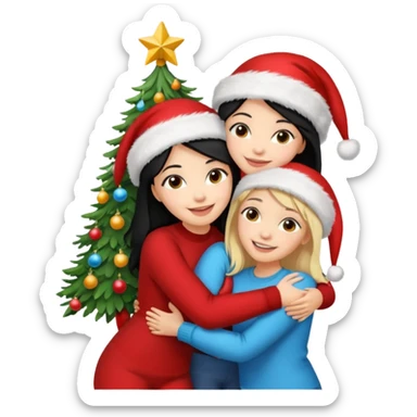 Generate Christmas-style emojis  family. Where light-skinned people stand near the tree all together, hugging and smiling. 2 girl should be Light-haired woman, 1 woman black-haired woman, and 1 man  sticker