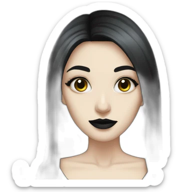 pale woman with long dark hair and gothic makeup wearing open black dress sticker
