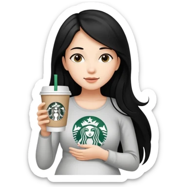 A young girl with long black hair, reaching up to her belly, holds a cup of Starbucks coffee.
 sticker