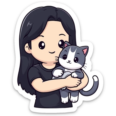 beautiful girl with long black hair wearing a black shirt holding a silver-colored cat sticker