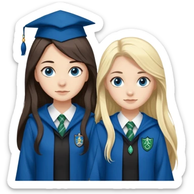 a pretty ravenclaw girl with long dark brown hair and blue eyes standing with a pretty Slytherin girl with long blonde hair, blue eyes sticker