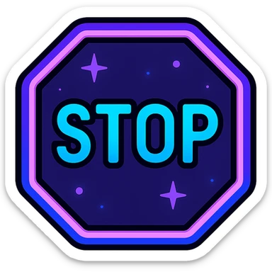 animated stop icon with dark purple, blue, and black base, bright accents, complex gradients, stars, bright neon border, modern clean stop symbol, subtle glowing and moving stars neon effects, sophisticated futuristic style sticker