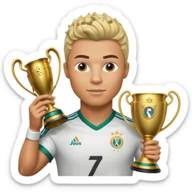 Cristiano Ronaldo holfing the champions league with noodle hair a bit longer noodle hair with a bit of blonde highlights and tge hair xoming down a bit sticker